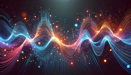Obraz premium Dynamic waveforms in neon tones with glowing particles on dark backdrop designed using generative AI for banners