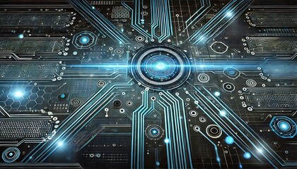 Futuristic tech-inspired background featuring circuit like patterns and glowing blue lines generated by AI for banners