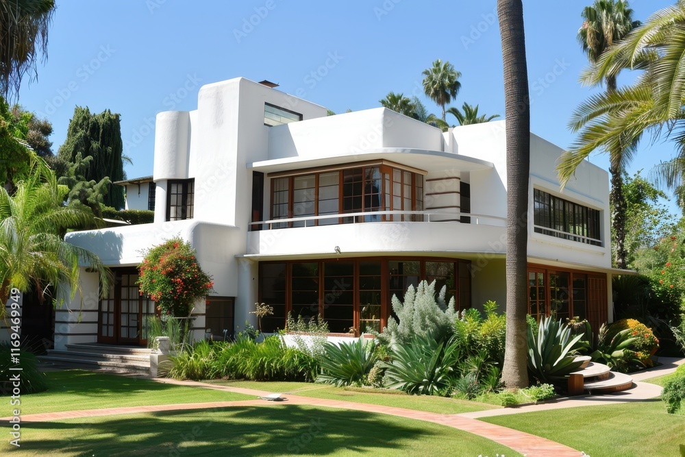 Poster modern architectural masterpiece featuring sleek design and lush landscaping in a tropical setting