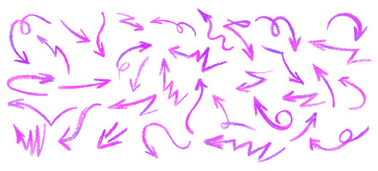Neon purple arrows set. Wax crayon drawing grafitti elements in acid pink color. Collection of vector charcoal outline symbols of direction indicators. Graffiti lightning icons Children drawing style.