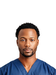 Obraz premium African man aged 30-40 years old, wearing medical uniform, looking neutral without glasses, with curly hair and black hair.