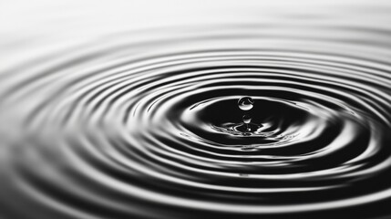 Close-up of a water droplet falling and creating concentric ripples on a still surface.