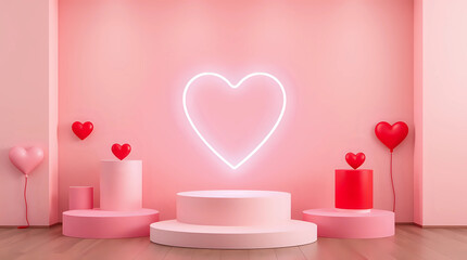 Set of 3D podium valentine day background with pink, red, white cylinder pedestal. Glow neon heart...