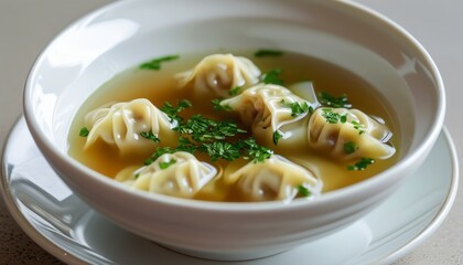 Delicious Maultaschen Dumplings Served in Clear Broth with Fresh Green Herbs