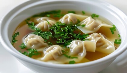 Delicious Maultaschen Dumplings in Savory Broth with Fresh Herbs and Green Garnish