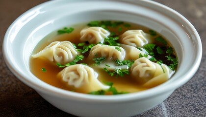 Delicious Maultaschen Dumplings in Savory Broth Garnished with Fresh Herbs