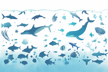 Fototapeta premium Underwater marine life exploration ocean illustration tranquil aerial view minimalist