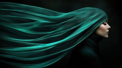 Serene Teal: A Woman Enveloped in Flowing Fabric