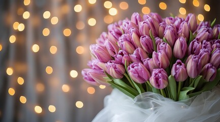 Obraz premium Beautiful bouquet of purple tulips with soft lights in the background during a romantic setting