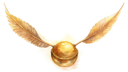 Golden snitch illustration, watercolor style, whimsical design, fantasy sports theme, magical elements, artistic rendering.