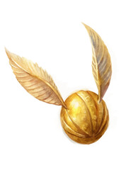 Golden snitch illustration, watercolor style, magical sports theme, whimsical design, fantasy art.