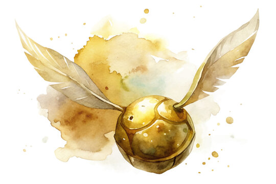 Golden snitch illustration, watercolor style, whimsical design, fantasy theme, artistic splash background.
