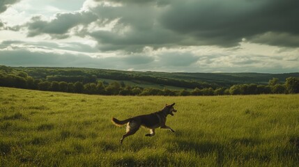 A happy dog runs freely through a lush green field under a dramatic sky. The landscape is serene and inviting. Perfect for nature and pet lovers. Generative AI