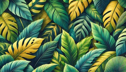 Lush tropical leaf patterns with vibrant green and yellow tones generated with generative AI for nature-themed banners