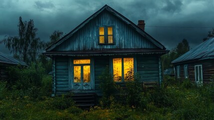 Abandoned House with Warm Light Amid Dark Clouds and Overgrown Grass
