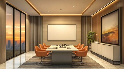 Modern meeting room interior with a large whiteboard, panoramic window, and mockup frames available