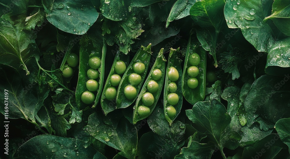 Wall mural Fresh green peas in a pod nestled among vibrant leaves in a lush garden