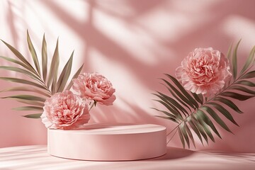 Obraz premium 3D podium display, pastel pink background with rose flowers. Peonies flower and palm leaf shadow. Minimal pedestal for beauty, cosmetic product. Valentine, feminine copy space template 3d render