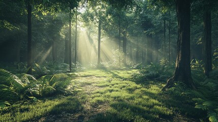 Obraz premium Sunbeams Illuminating a Mystical Forest Path
