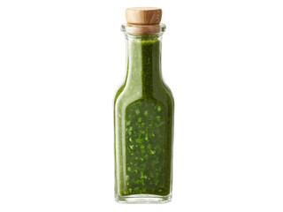 Chimichurri A vibrant green chimichurri sauce in a clear glass jar, with parsley and garlic visible. A glass dish holds