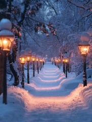 Snow covered path lined with illuminated winter lanterns