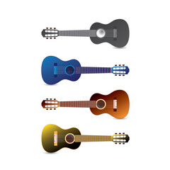 Ukulele, styleful flat illustration of 4 small ukelele guitars on white background realistic in 4 colours.
