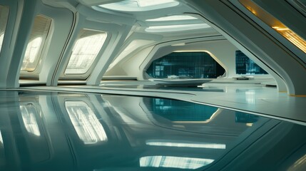 Fototapeta premium Futuristic Spaceship Interior: Sleek Design and Reflective Surfaces