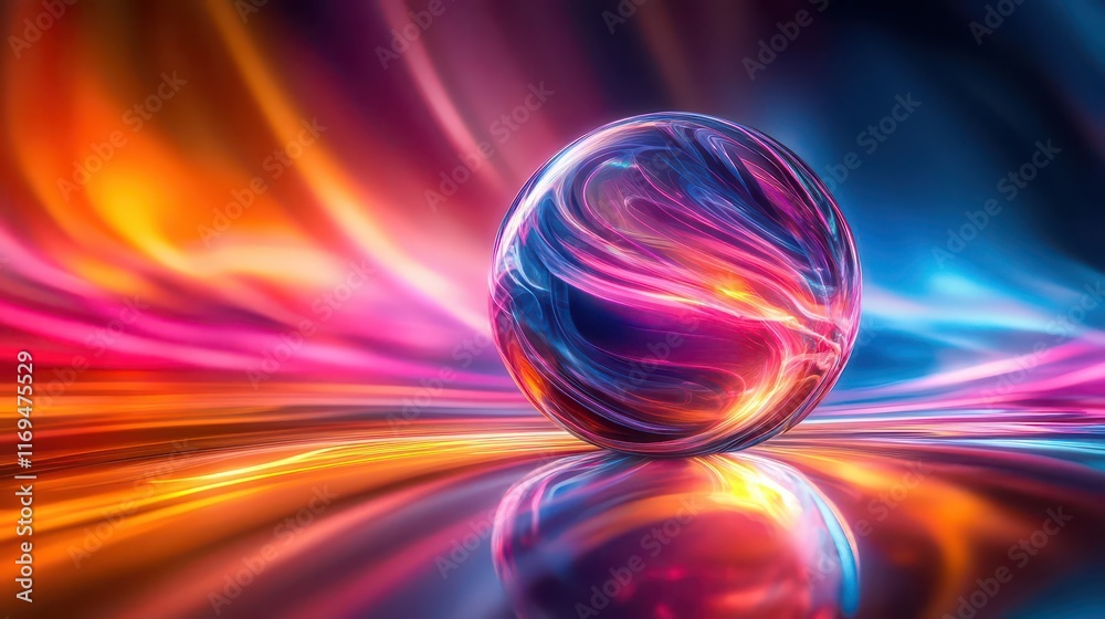 Poster an abstract holographic sphere radiates pulsating light waves in a tech-inspired, neon art display, 