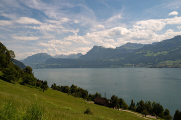 Alpine mountains and like. Panoramic of the nature of Switzerland. Nature of Swiss. Switzerland scenic landscape. Hiking in the Swiss Alps, hiking trail in Switzerland.