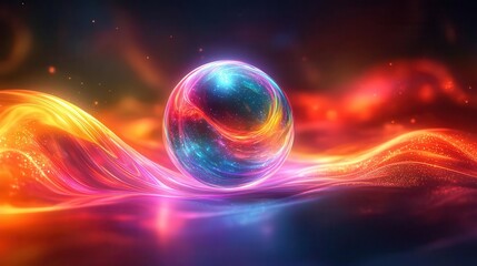 Abstract holographic sphere surrounded by pulsating light waves, tech-inspired, neon art, vivid colors, dynamic composition, digital rendering.