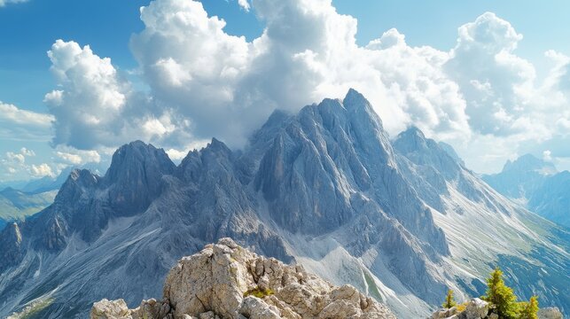 Majestic dolomites mountain range under a cloudy sky in summer