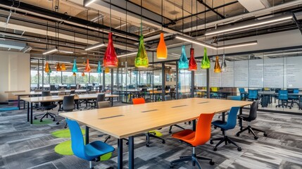 A vibrant office hub with community-style tables, colorful drop lighting, and writable glass panels