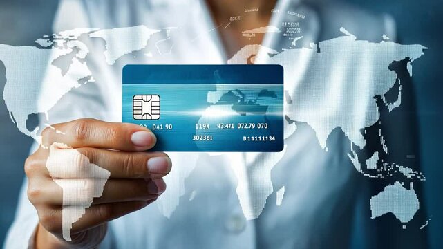A woman demonstrates the use of a contactless payment card against an illustrated world map, showcasing modern transaction methods