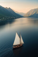 Sailboat gliding peacefully through the calm waters of a serene mountain lake at sunset
