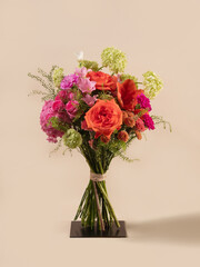 Bright Bouquet with Orange Roses, Pink Hydrangea, and Green Viburnum