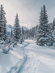 Snow Covered Path Through Winter Mountain Forest