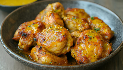 Roasted chicken on wooden table background. Cooked with sauce from mustard and olive oil. Top view