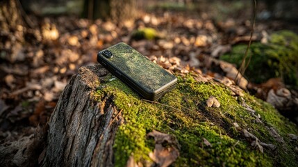Camouflaged Phone on Mossy Stump in Autumn Forest