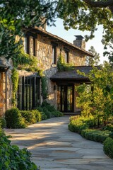 Obraz premium Charming stone house with lush landscaping and a winding pathway in a serene residential area during late afternoon light
