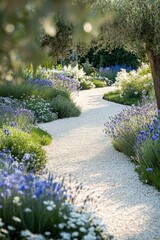 Serene garden pathway surrounded by blooming flowers on a sunny day in a tranquil outdoor space filled with vibrant colors and natural beauty