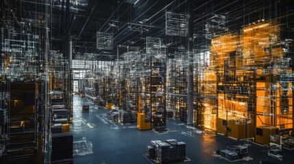 Modern warehouse interior with digital overlay showing data flow and inventory management.