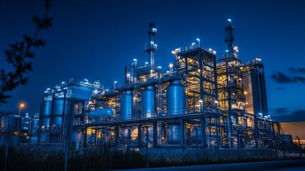 Night view of a large industrial plant with illuminated structures and tanks.