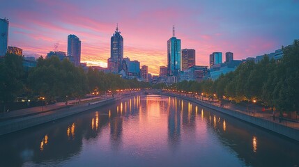 Fototapeta premium Melbourne City Skyline at Sunset: A Breathtaking View