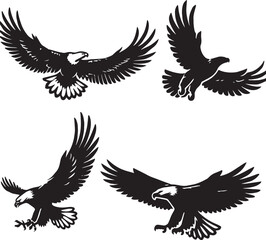 set of bald eagle flying poses،eagle silhouette vector