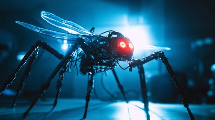 Fototapeta premium Robotic insect, close-up, futuristic design, dark background, glowing red eyes.