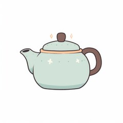 Obraz premium A cute, minimalist teapot with a soft green color and a brown handle, featuring whimsical sparkles and a charming design.