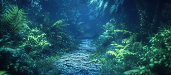 Obraz premium Enchanting Tropical Jungle Trail Leads Through a Vibrant Lush Forest Landscape with Dense Foliage Ferns and Moss Covered Trees Creating a Mystical Fairytale Like Atmosphere