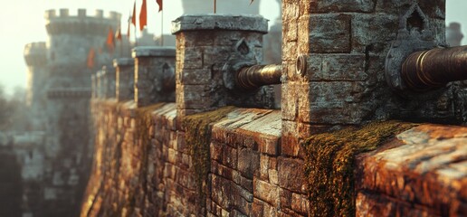 Close-up of ancient castle wall with moss, cannons, and flags at sunrise.