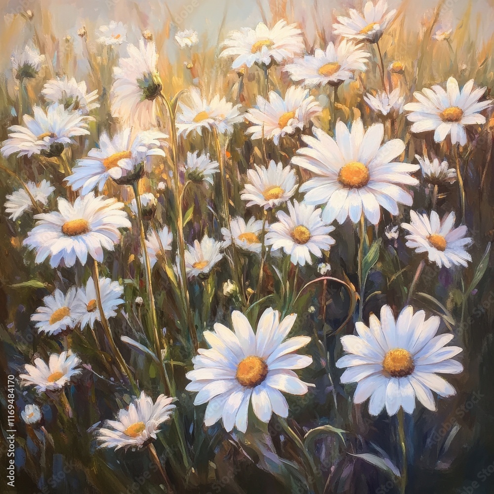 Wall mural Beautiful daisy field under a soft pastel sky during early morning light in springtime