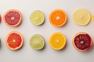 Colorful fruit slices composition studio food photography minimalist top view